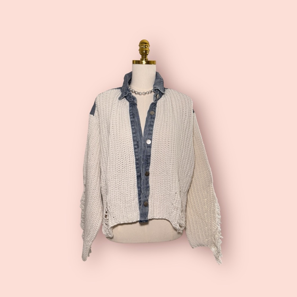 Fashion Nova Cream and Blue Knit Jacket